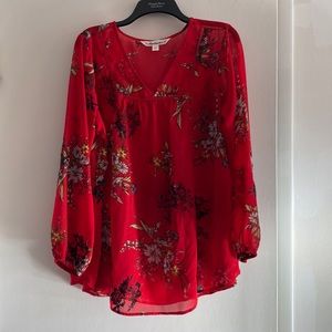Tantrums top. red floral, sheer material. Large.